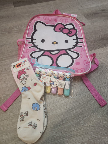 HELLO KITTY BACKPACK WITH HELLO KITTY SOCKS AND MARKERS!